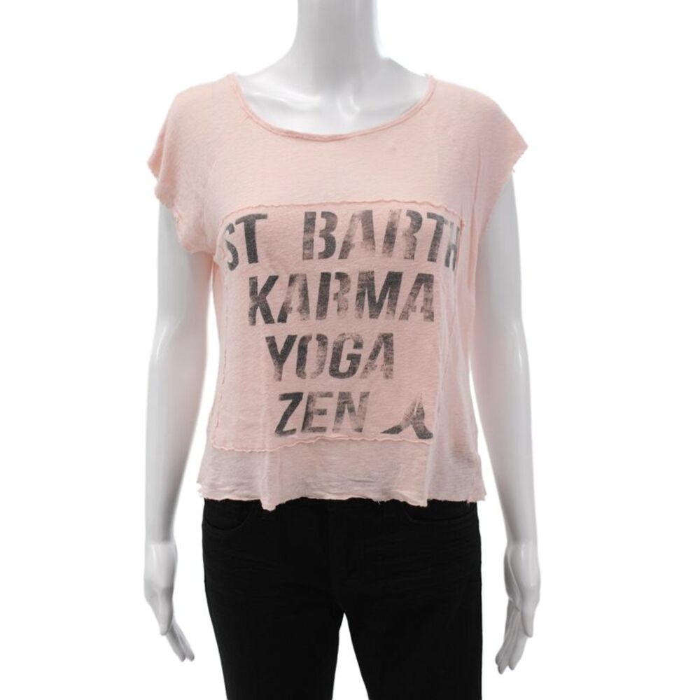 St.Barth Women Cropped T-Shirt Pink 100% Linen Round Neck Sleeveless Size S